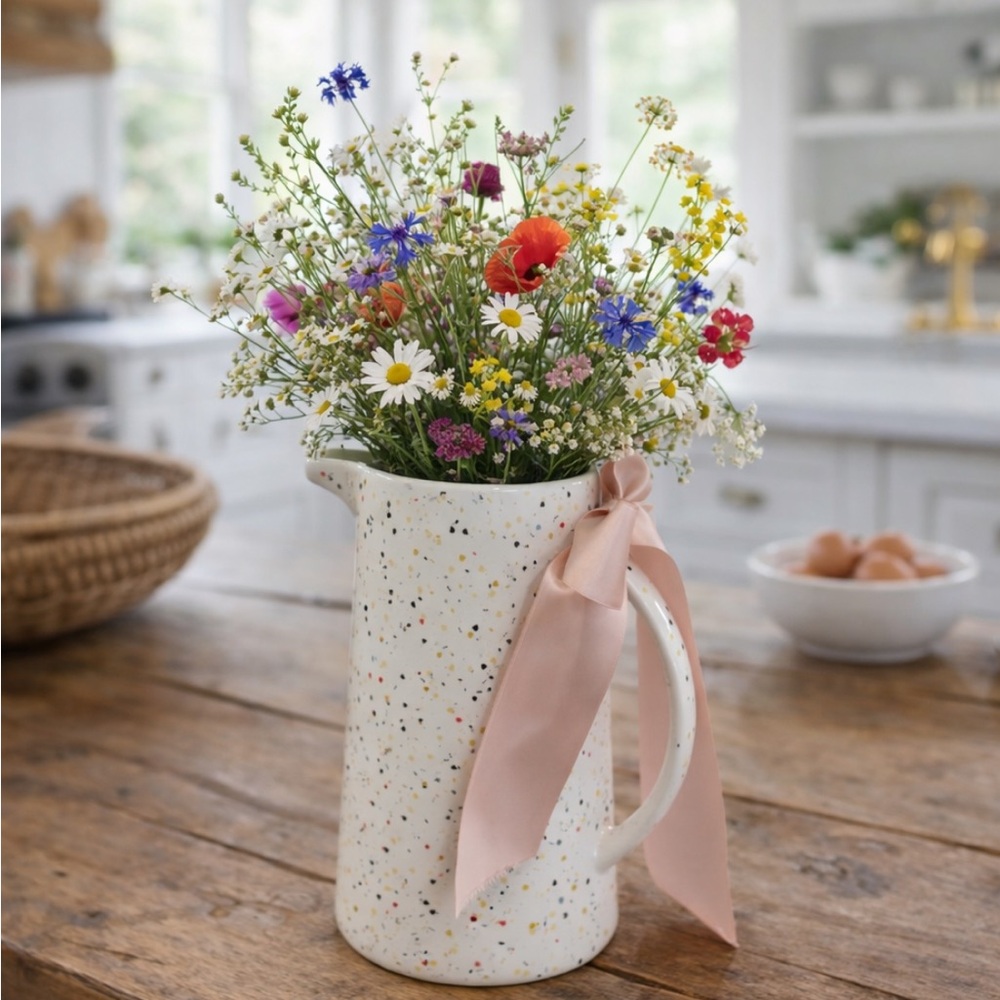 Speckled Confetti White Ceramic Pitcher. Whimsical | 8.7” | Holiday | Farmhouse